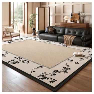 Imagem de SPXMQSS Tapetes florais laváveis, tapete vintage para sala de estar, antiderrapante, pilha baixa, não cai, fácil de limpar para sala de estar, quarto, sala de jantar, escritório em casa - bege preto M