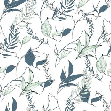 Imagem de Akodm Papel de parede de folha verde e azul sálvia descascar e colar 45 cm x 224,8 cm papel de contato moderno botânico removível vinil impermeável adequado para locatários de armários de banheiro