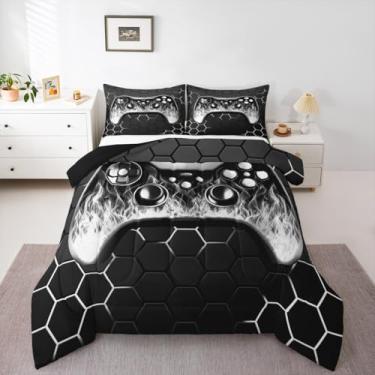 Imagem de Erosebridal Jogo de cama King para meninos, decoração de quarto de jogos, cinza macio, geométrico, favo de mel, edredom com chama 3D
