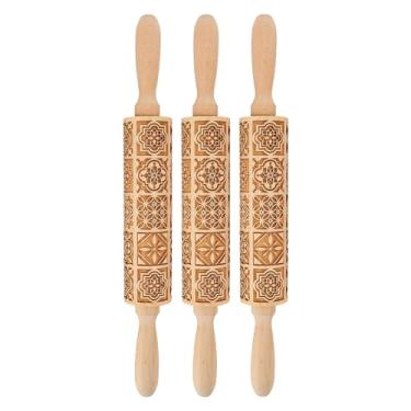 Imagem de 3 peças de rolo de massa em relevo de madeira Rolo de massa em relevo gravado para assar pizza, biscoitos, macarrão, resistente, de longa duração, seguro, ferramenta de cozinha