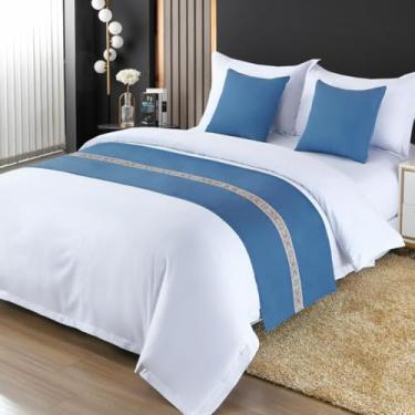 Imagem de HSTANGKY Cachecol para cama de hotel, colcha moderna, decoração de cama de cor sólida, sem rugas, toalha de cama de quarto para solteiro, queen, tamanho king, azul, 50 x 240 cm para cama de 1,8 m