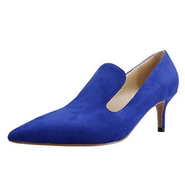 Imagem de LEMUTISME Sapato mocassim feminino elegante bico fino 5 cm confortável sem cadarço salto baixo para trabalho, escritório, negócios, Camurça azul, 36
