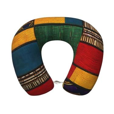 Imagem de Travesseiro de pescoço leve de viagem com estampa de retalhos estilo africano em forma de U e espuma viscoelástica para aviões