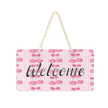 Imagem de Burbuja Placa de boas-vindas Cherries on Gingham para porta da frente, placa de boas-vindas de PVC para decoração de férias, 15 x 28 cm