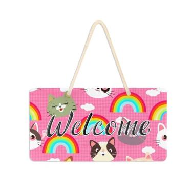 Imagem de Burbuja Placa de boas-vindas de rostos de gato de desenho animado para porta da frente, placa de boas-vindas de PVC para decoração de férias, 15 x 28 cm