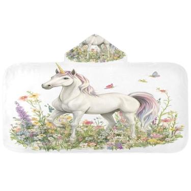 Imagem de Burbuja Toalha de banho com capuz de jardim de flores de unicórnio em aquarela para crianças, toalha de praia de pelúcia macia absorvente para meninas e meninos 3-10 anos, 61 x 127 cm