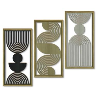 Imagem de Putuo Decor Decoração de parede minimalista moderna conjunto de 3, painéis geométricos recortados em MDF preto marrom cinza, arte vertical abstrata para sala de estar, quarto, escritório arte de