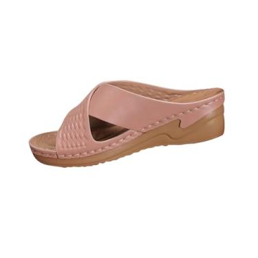 Imagem de Sandálias de verão estilo lazer cor sólida tira oca inferior grossa salto plataforma praia casual, rosa, 34