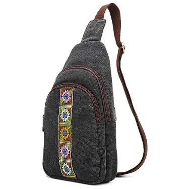 Imagem de SILKAREA Bolsa tiracolo de lona para mulheres, bolsa tiracolo pequena, mochila de viagem, caminhada, mochila para o peito, Preto, Medium, Bolsa tiracolo feminina Boho com alça transversal, mochila