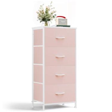 Imagem de Wyngoo Mesa de cabeceira, cômoda de 4 gavetas com parte superior de madeira e estrutura de aço, organizador de caixas de tecido, cômoda alta para quarto de hóspedes, armário, entrada, dormitório