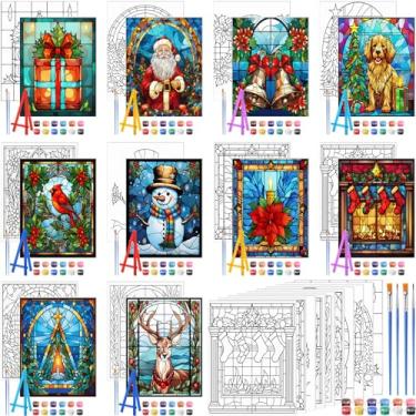 Imagem de Blosssound 10 conjuntos de telas pré-impressas de Natal com tema natalino, tela pré-desenhada com kit de cavalete 12,7 cm x 17,8 cm painéis de pintura de contorno para iniciantes, projetos de