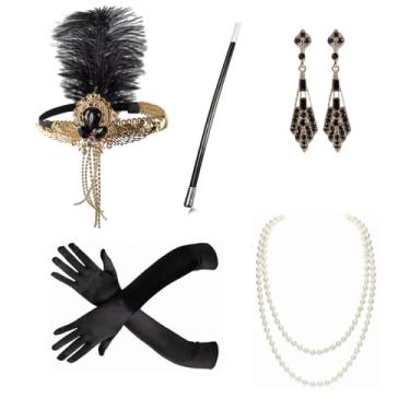 Imagem de Comott Vestidos femininos anos 20, roupa dos anos 20 com conjunto de acessórios para casamento, faixas de cabelo melindrosa pretas com colar de pérolas (preto)