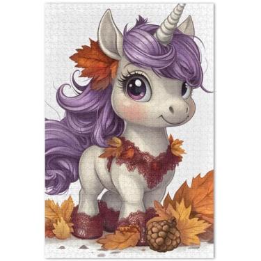 Imagem de Quebra-cabeça bonito unicórnio folhas de outono cavalo 500 peças adultos engraçado personalizado paisagem quebra-cabeça decoração pintura animal, 50 x 37 centímetros