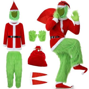 Imagem de JONRRYIN Fantasia de Monstro Verde Adulto 9 Peças Fantasia Deluxe Papai Noel Fantasia de Pele Verde Conjunto Masculino com Máscara para Cosplay de Natal (GG)