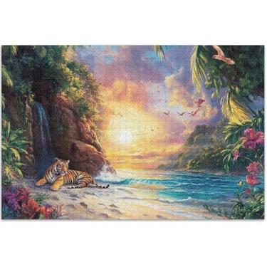 Imagem de Tigres Pintura Paisagem Praia 1000 Peças Quebra-cabeças para Adultos Pintura de Arte Floral Paisagem Puzzles Game Tech Gifts, 75 x 40 cm