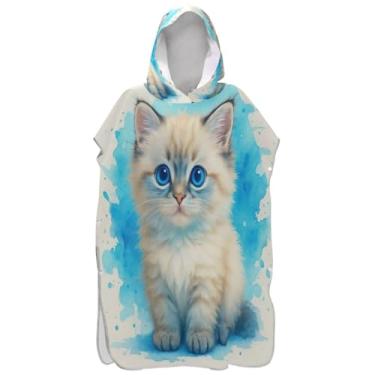 Imagem de Joisal Poncho de surfe trocador de roupão adultos praia banho com capuz toalhas de praia de secagem rápida ponchos de praia para homens gato adorável gatinho branco azul