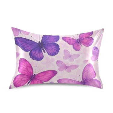 Imagem de Fronhas de cetim fofas refrescantes personalizadas King Queen padrão fronhas fronhas macias tamanho queen 76.2 cm x 50.8 cm roxo rosa borboletas