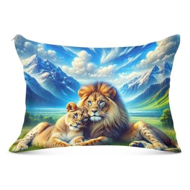 Imagem de Majestic Lions Scenic Meadow Print Fronha com zíper poliéster premium para fronha padrão Queen King Capas de travesseiro corporal, tamanho padrão, 51 x 66 cm
