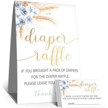 Imagem de Moonle Bilhetes de sorteio de fraldas para jogo de chá de bebê, 1 placa de pé e 50 cartões de adivinhação para decoração de festa de chá de bebê, boho bule