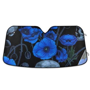 Imagem de Sombra de sol preta de caveira de flor de papoula azul para para-brisa de carro bonito personalizado caminhão dobrável sombra de carro para para-brisa dianteiro retrátil L, 144,8 cm x 80 cm