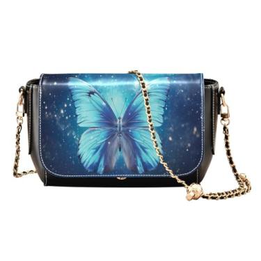 Imagem de Giraffe's Head Looks Forward Bolsa transversal de couro com zíper, bolsas tiracolo femininas de couro, bolsas transversais médias para mulheres, Borboleta azul voando no céu-3, One Size