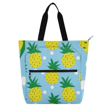 Imagem de GAIGEO Bolsas de trabalho de abacaxi amarelo azul claro para mulheres, bolsa de lona, praia, livros, zíper, professores, bolsas, amantes de livros