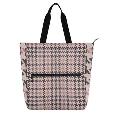Imagem de GAIGEO Bolsas de trabalho vintage Houndstooth rosa marrom para mulheres, bolsa escolar de lona com zíper, bolsas reutilizáveis com compartimentos