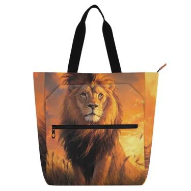 Imagem de GAIGEO Majestic Lion Painting Orange Book Tote Bag para mulheres e crianças, escola, trabalho, viagem com zíper, bolsa de ombro reutilizável de lona