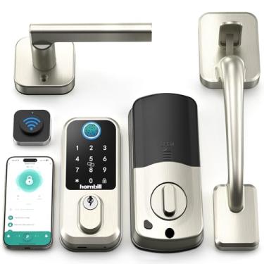 Imagem de Fechadura de porta inteligente com impressão digital WiFi: fechadura de porta de entrada sem chave com alça, fechaduras inteligentes Hornbill para porta da frente, conjunto de fechadura de teclado de