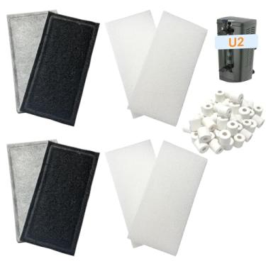 Imagem de beaufan Kit de mídia de filtro de aquário compatível com filtro subaquático Fluval U2, filtro de água doce e salgada, inclui 4 almofadas de espuma, 4 cartuchos de carbono de poliéster e 1 anel de