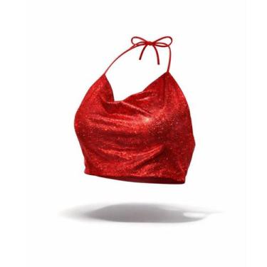 Imagem de Cropped com Brilho e Tule de Amarrar Costas Nua Festas Cor:VermelhoTam