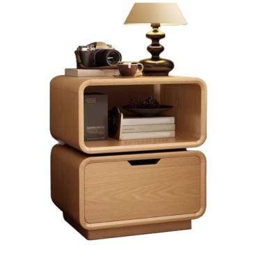 Imagem de Mesa de cabeceira de madeira maciça com 2 gavetas, mesa de canto de madeira vintage com prateleira aberta, cômoda natural para quarto, sala de estar, escritório (A)