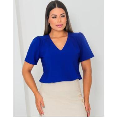 Imagem de Blusa Feminina Manga Curta Social Gola V - Rezes Moda, Azul Bic, GG