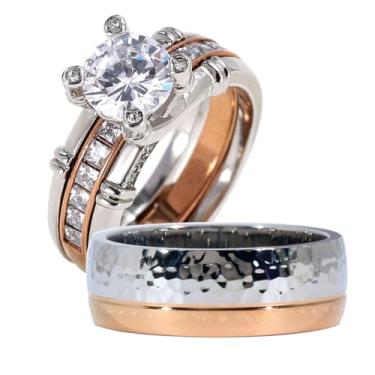 Imagem de ringheart Anéis de casal combinando 1,5 CT AAA CZ banhado a ouro rosa conjuntos de anéis de casamento feminino para ele e ela, women size6 & men size8, Papel, Zircônia cúbica