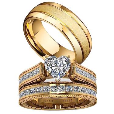 Imagem de ringheart Anéis de casal combinando coração CZ banhado a ouro feminino conjuntos de anéis para ele e ela conjuntos de anéis, women size6 & men size13, Metal Cristal Metal Cristal strass, Zircônia
