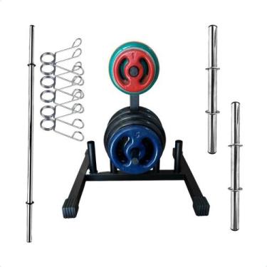 Imagem de Kit Musculação com Suporte + 100 Kg de Anilhas Emborrachadas com Barra