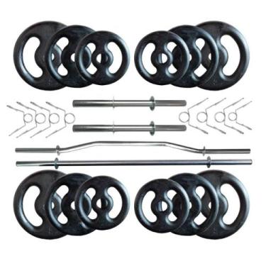 Imagem de Kit 40 Kg de Anilhas Ferro + 02 Barras de 40cm + Barra W + Barra 120cm