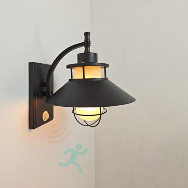 Imagem de GZZBMY Lâmpada de parede LED externa com detector de movimento arandelas de vidro preto abajur IP65 à prova d'água moderna vintage iluminação de parede interior/exterior para pátio corredor pátio
