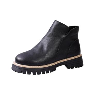 Imagem de Botas femininas versáteis de salto redondo, bico redondo, zíper lateral, plus size, outono, inverno, salto moderno, Preto, 34