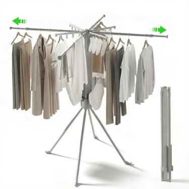 Imagem de cjc Rack de secagem de roupas dobrável, suporte para roupas, interior, varanda, exterior, 4 varas de secagem retráteis + 4 suportes de sapatos + 4 clipes de meia com 16 clipes cinza