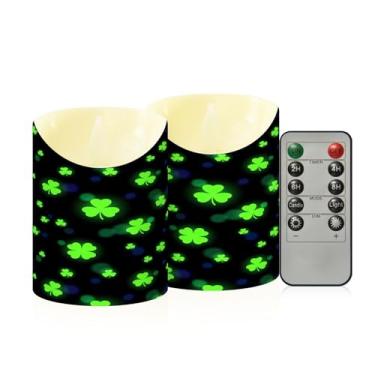 Imagem de Wassud Pacote com 2 velas sem chamas de trevo do dia de São Patrício com controle remoto, velas realistas cintilantes com temporizador, velas decorativas para Natal, casamento, festa, decoração de