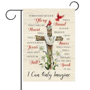 Imagem de Terkki Cruz cristã I Can Only Imagine bandeira decorativa de jardim, Jesus religioso cardeal lírio flor versículo bíblico pequeno quintal decorações externas, escrituras decoração de casa ao ar livre