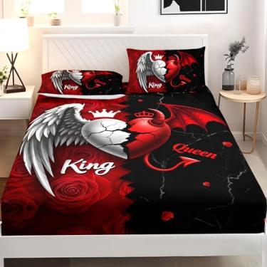 Imagem de AILONEN Jogo de lençol casal com coração de rosa vermelha e preta, anjo e demônio, romântico King e Queen, 3 peças, 1 bolso profundo + 2 fronhas, macio e respirável