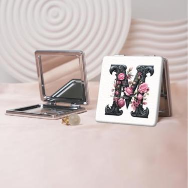 Imagem de Espelho de maquiagem portátil de couro PU retrô europeu com letras florais, mini espelho dobrável de mão dupla face, quadrado para retoque, presente ideal para todas as ocasiões
