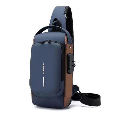 Imagem de Bolsa De Ombro Mochila Masculina Impermeável Com Fechadura De Código Com Carregamento Usb Cor:marrom Azul