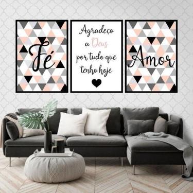 Imagem de Kit 3 Quadros Fé E Amor - Triângulos 60X40Cm Moldura Preta