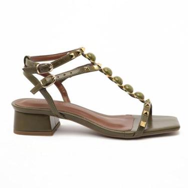 Imagem de Sandália Sapato Da Corte Salto Bloco Baixo Spikes Pedras, Verde milita