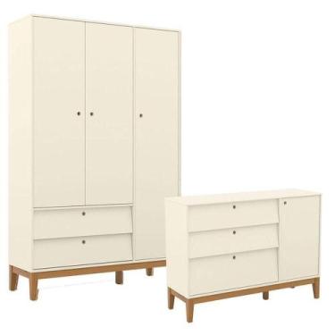 Imagem de Cômoda Sapateira E Guarda Roupa Unique 3 Portas Off White Eco Wood - M