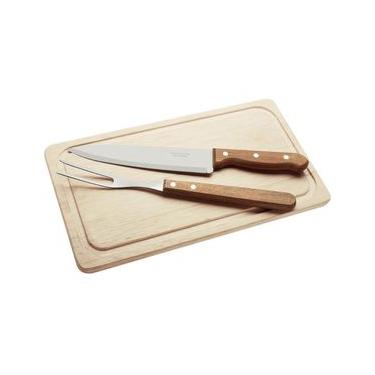 Imagem de Kit Churrasco Tramontina Faca Chef 8' Garfo Trinchante Tábua Madeira Natural Aço Inox 3pçs