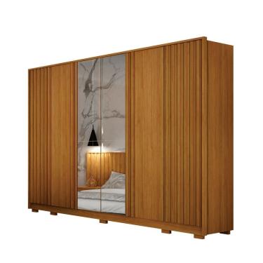 Imagem de Guarda Roupa Casal Ripado Evo 6 Portas de Correr sem Gavetas MDF com Espelho e Pés Cinamomo Leifer Móveis